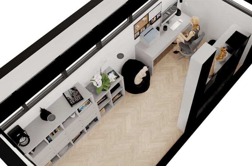 3D overhead render of a home office layout with herringbone floor