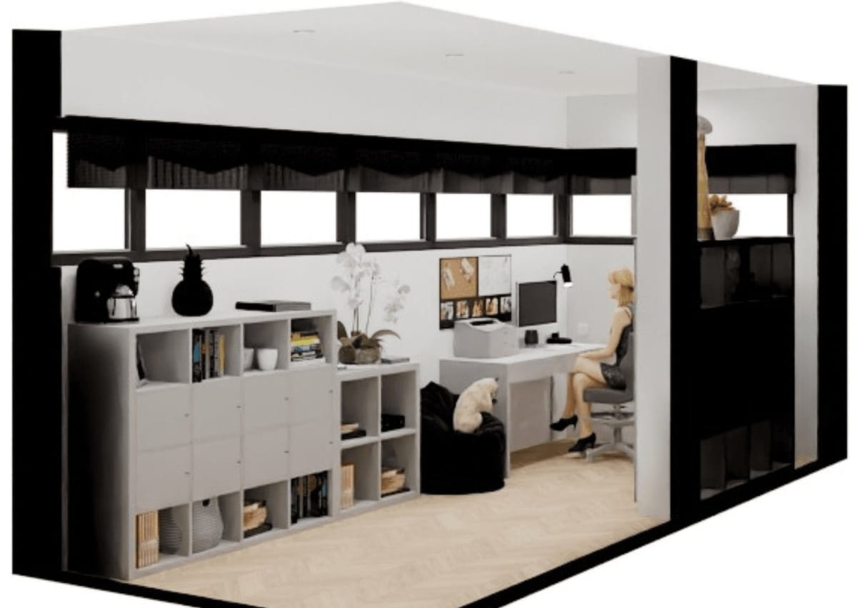 3D render of a home office with white storage and a large desk