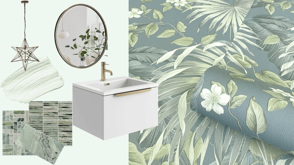 Bathroom mood board with botanical wallpaper and a white vanity