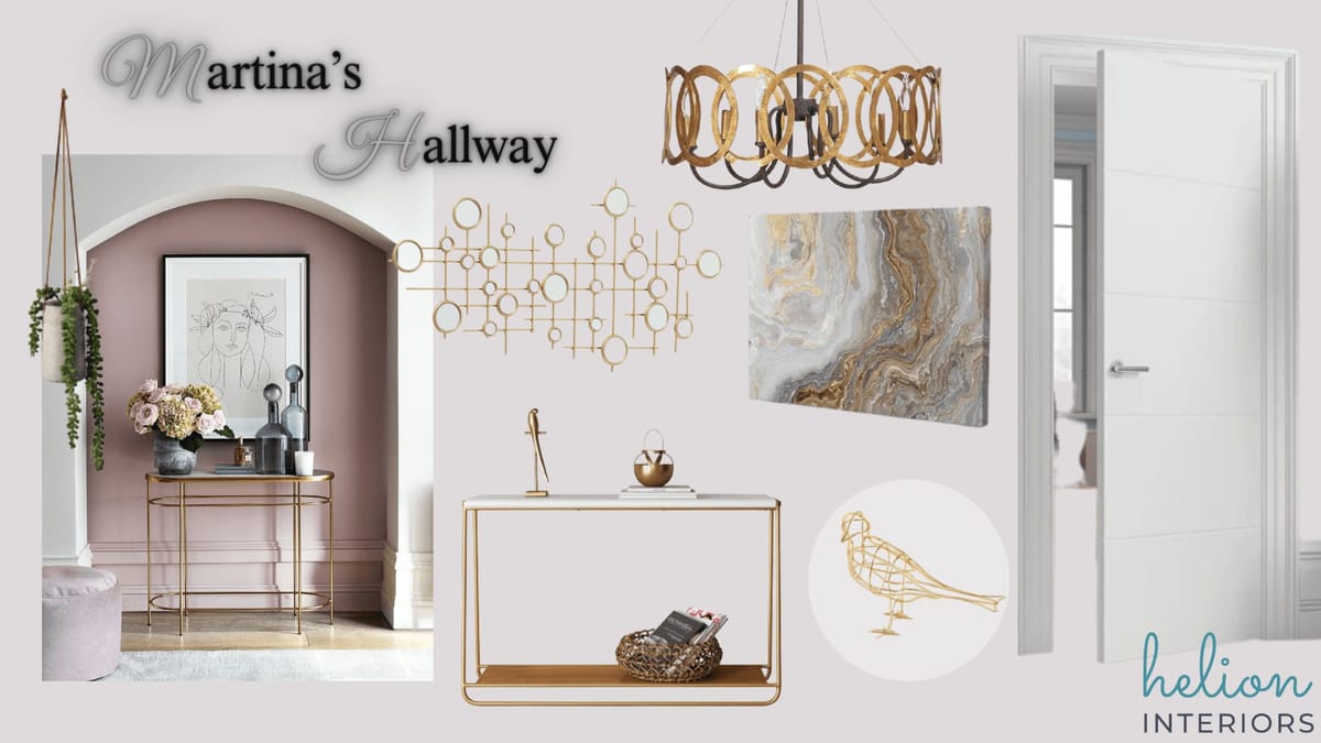 Mood board for a blush pink hallway with gold accents