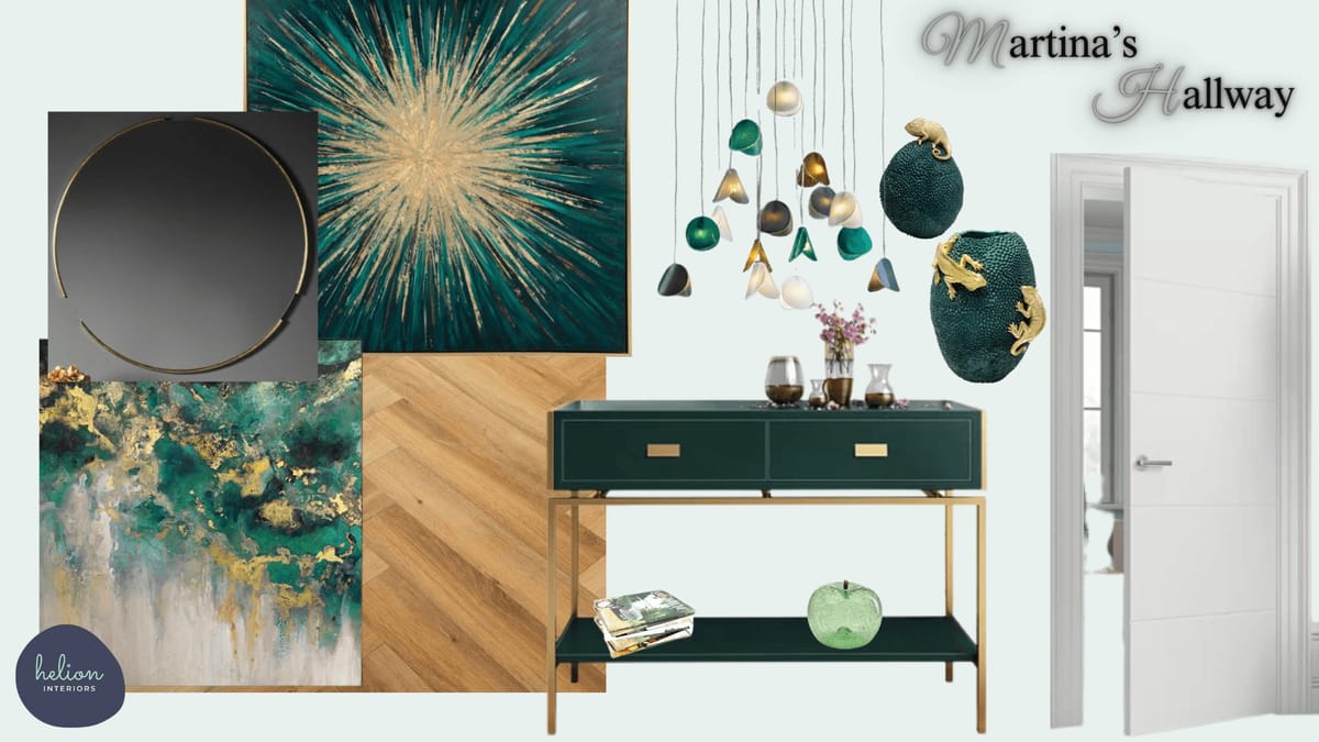 Mood board for an emerald and gold hallway with a console table