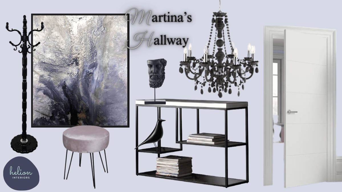 Mood board for a monochrome hallway with a black chandelier