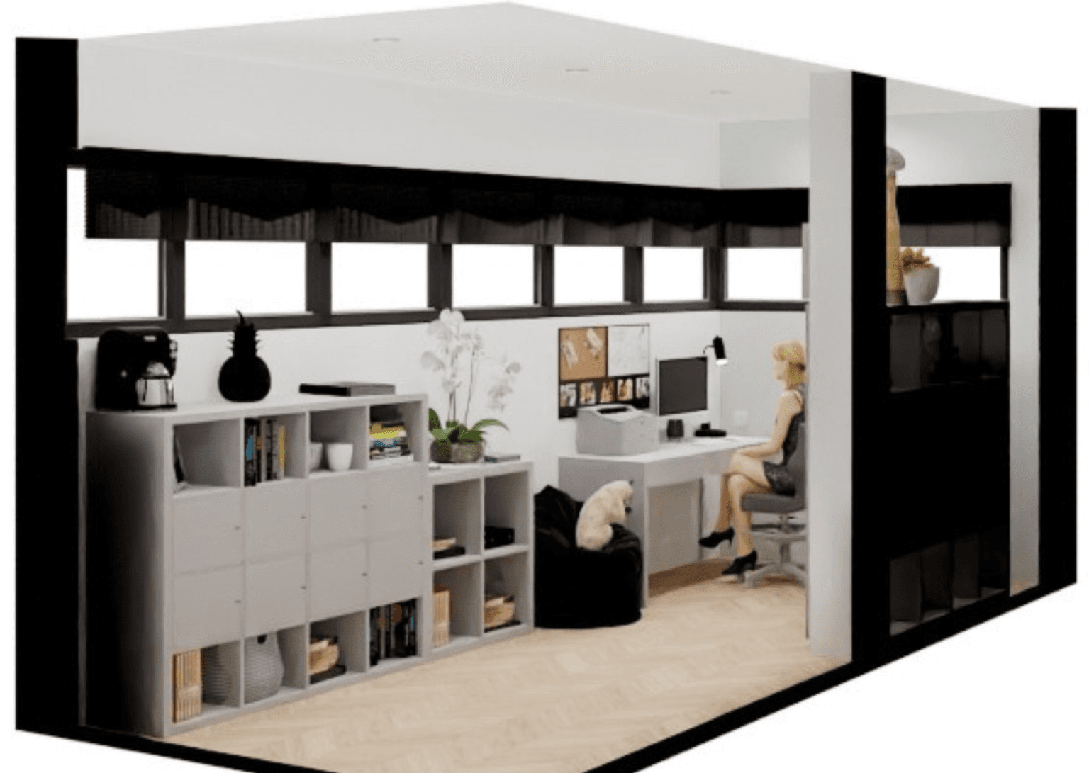 3D digital rendering of a bespoke home office design in Kingston by Helion Interiors